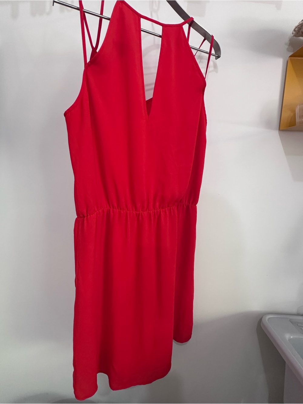 Red dress, gathered waist, hits mid thigh